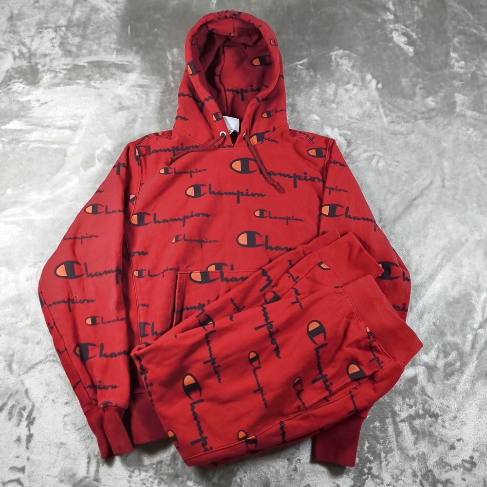 Champion Reverse‎ Weave Hoodie Sweatpants Set Mens Medium Red All Over Print